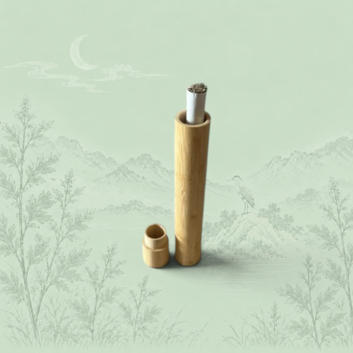 Moxa stick stored in the upright bamboo case, cap beside it