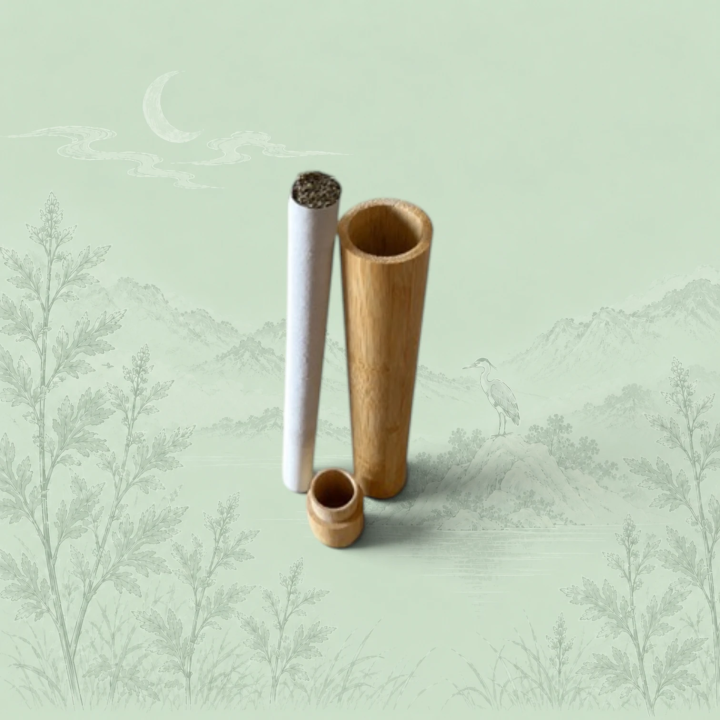 Open bamboo case: tube, cap and moxa stick